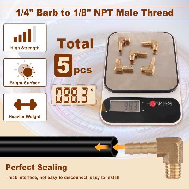 Boeray 5pcs Brass Hose Barb Fittings 90 Degree Elbow 1/4 Inch Barb to 1/8 Inch NPT Male Thread Air Hose Fittings Adapter Connector Water Fuel Air Line Fittings Elbow Fittings - Image 5